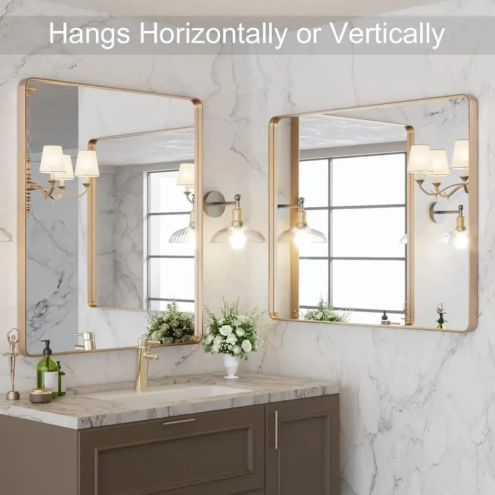 LOAAO 30x36 Gold Bathroom Mirror Rounded Rectangle Vanity Wall Mirror